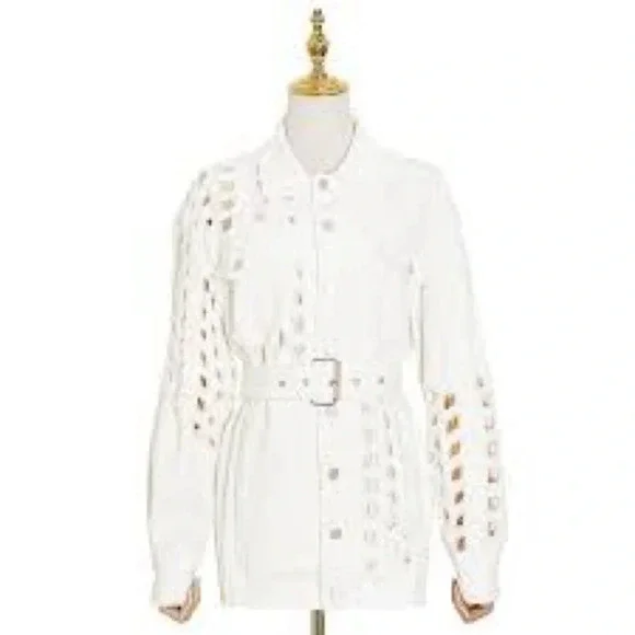 White Cutout Long Sleeve Belted Jacket Mini Utility Edgy Statement Dress - Picture 6 of 6